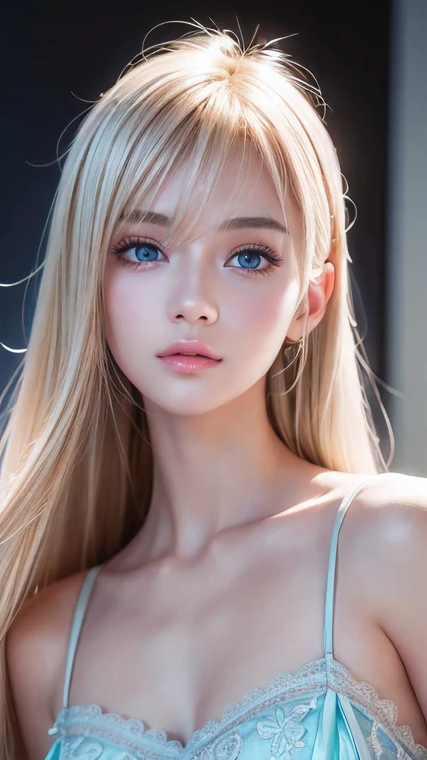 Dressed、(Photorealistic:1.4)、(ハイパーRealistic:1.4)、(Realistic:1.3)、(Smooth lighting:1.05)、(Improved cinematic lighting quality:0.9)、32k、1 Girl、Very cute expression、A beautiful 16 year old blonde girl、bangs that fall on the face、Bangs left over the eyeessy bangs between the eyes and nose、Realistic top lighting、Backlight、Face Light、Super long silky platinum hair、Blonde rays、(Bright light:1.2)、(quality improvement:1.4)、(Highest quality realistic textured skin:1.4)、Very beautiful, detailed, shiny, very bright, mint blue, large eyes、Very big eyes、Detailed face、A careful eye for quality、(Tired, sleepy and satisfied: 0.0)、Face close up、T-Shirts、(Enhances the body line:1.1)、(Enhances the beauty of skin texture:1.1)、Cheek gloss highlighter、Small Face Beauty、Round face
