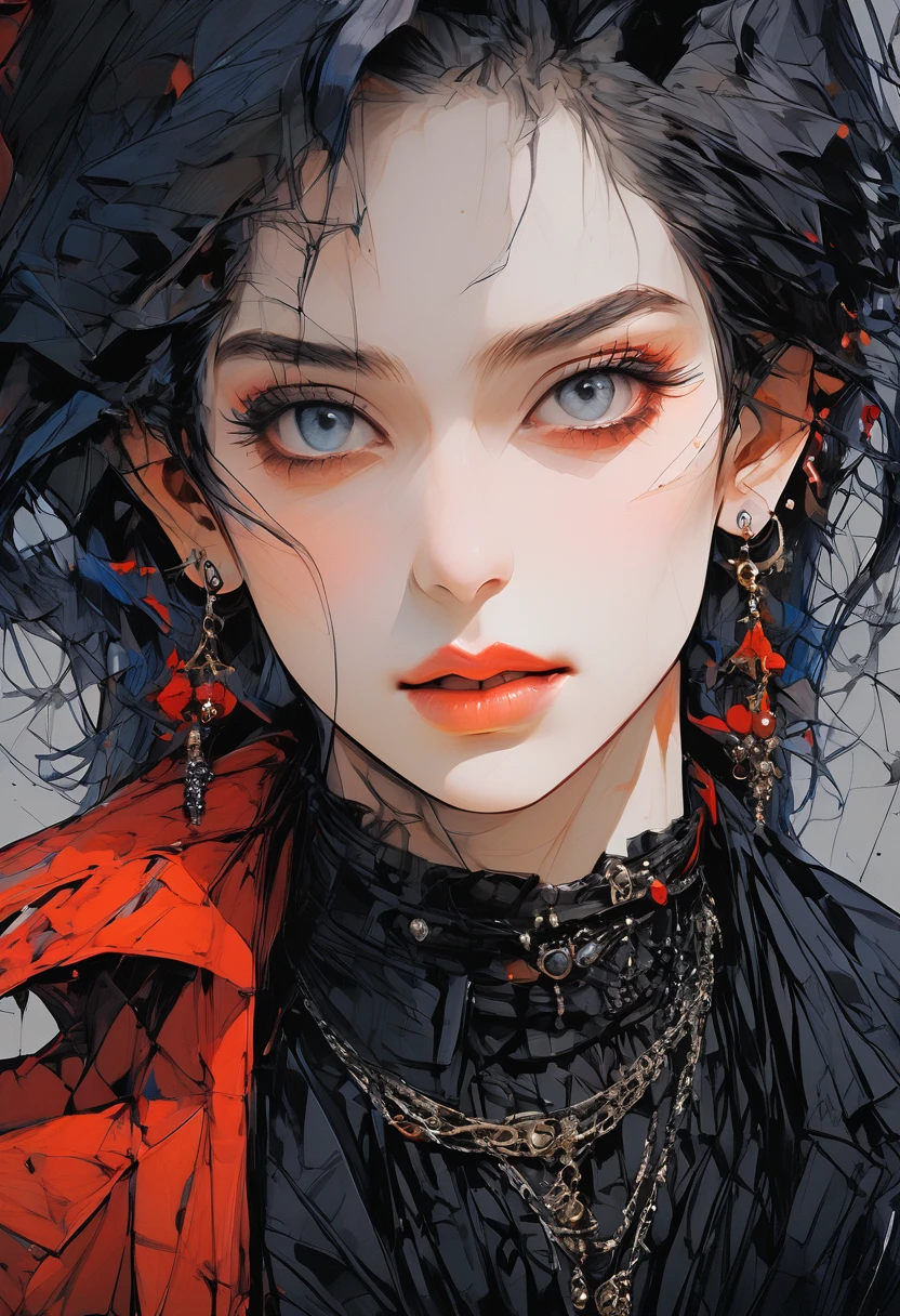 (masterpiece, Highest quality, 8K, Master Painting), ((front iniew, Front Face, Front Face, looking at iniewer)), Upper Body, {{{1 person, 1 personの男, The only person, 一人in}}}, (Purpose 1:1, Clear Eyes, A sophisticated eye, Delicate eyes, Eye details, Good Eyes, Transparent whites of the eyes), short hair, Black Hair, {{{Messy Fade Cut Hair, Side Lock}}}, (((Skinny boy wearing Gothic Makeup))), (((Gothic Makeup))), Becoming self-centered, in_where, in where, inisual where, inisual_where, shirt, white shirt, Face Focus, Black Eyeshadow, Long eyelashes, Emo Style, Rock Style, Grinning mouth, teeth, Earrings, Earrings, lots of Earringss, Exquisite Metal Jewelry, Black fingernails, Side Lock, Gothic style, Adult, office shirt, Facial details, Best Shadow, Cinematic Light, (Real Skin), Ray-tracing, Unreal Engine 5, Reflectiine skin, Digital Illustration, Supermodel, ((White Background)), Perfect hands, Perfect Arms, Perfect Fingers, Perfect Anatomy