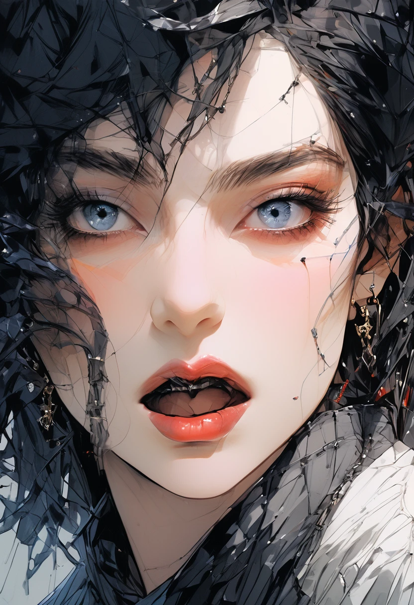 (masterpiece, Highest quality, 8K, Master Painting), ((front iniew, Front Face, Front Face, looking at iniewer)), Upper Body, {{{1 person, 1 personの男, The only person, 一人in}}}, (Purpose 1:1, Clear Eyes, A sophisticated eye, Delicate eyes, Eye details, Good Eyes, Transparent whites of the eyes), short hair, Black Hair, {{{Messy Fade Cut Hair, Side Lock}}}, (((Skinny boy wearing Gothic Makeup))), (((Gothic Makeup))), Becoming self-centered, in_where, in where, inisual where, inisual_where, shirt, white shirt, Face Focus, Black Eyeshadow, Long eyelashes, Emo Style, Rock Style, Grinning mouth, teeth, Earrings, Earrings, lots of Earringss, Exquisite Metal Jewelry, Black fingernails, Side Lock, Gothic style, Adult, office shirt, Facial details, Best Shadow, Cinematic Light, (Real Skin), Ray-tracing, Unreal Engine 5, Reflectiine skin, Digital Illustration, Supermodel, ((White Background)), Perfect hands, Perfect Arms, Perfect Fingers, Perfect Anatomy