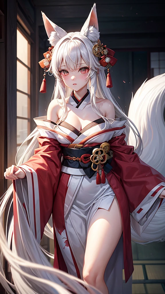 "A young woman, 20 years old, wearing a fantastical Japanese kimono with a predominantly white color. She has fox ears on her head, no human ears, and long white hair. Her eyes are a striking red, and she has a subtle red blush on her cheeks. From the hem of her kimono, a long fox tail gracefully extends. The scene is set in a misty, magical background with a cinematic feel, high-definition, as if enveloped in a dreamlike fog."