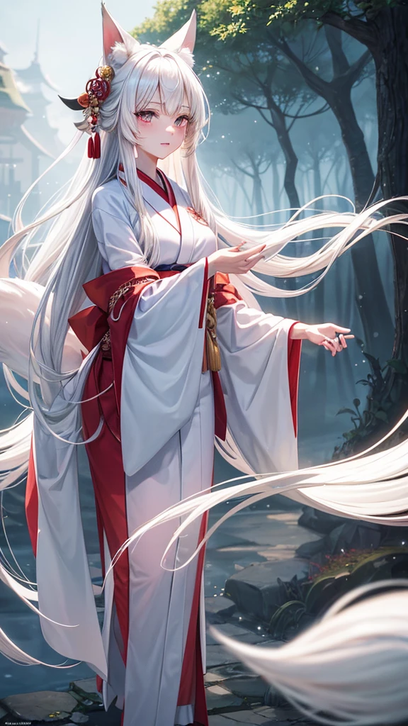 "A young woman, 20 years old, wearing a fantastical Japanese kimono with a predominantly white color. She has fox ears on her head, no human ears, and long white hair. Her eyes are a striking red, and she has a subtle red blush on her cheeks. From the hem of her kimono, a long fox tail gracefully extends. The scene is set in a misty, magical background with a cinematic feel, high-definition, as if enveloped in a dreamlike fog."
