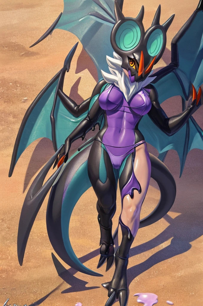 Female, solo, anthro noivern, beach, natural breasts, digitigrade, looking at viewer, detailed full body picture, wearing bikini, walking towards the viewer, wings on back, folded wings, detailed eyes, one tail, goo,

only partially transformed, goo transformation, transformation art, goo noivern merging with a human,(mid transformation:1.9), looking at viewer, (human), a human partially transformed into a female anthro noivern