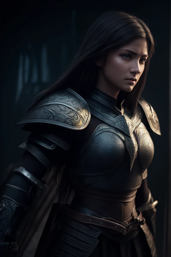 a female warrior, beautiful detailed eyes, beautiful detailed lips, extremely detailed eyes and face, long eyelashes, armor, sword, shield, determined expression, brave, strong, resilient, skilled, loyal, intelligent, unstoppable, compassionate, fantasy landscape, dramatic lighting, epic, cinematic, digital painting, highly detailed, 8k, photorealistic, vibrant colors, chiaroscuro