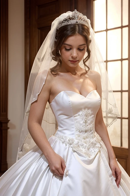 Give me a wedding dress that looks complete, White, with veil and a small tiara, the dress has to have designs and be fluffy