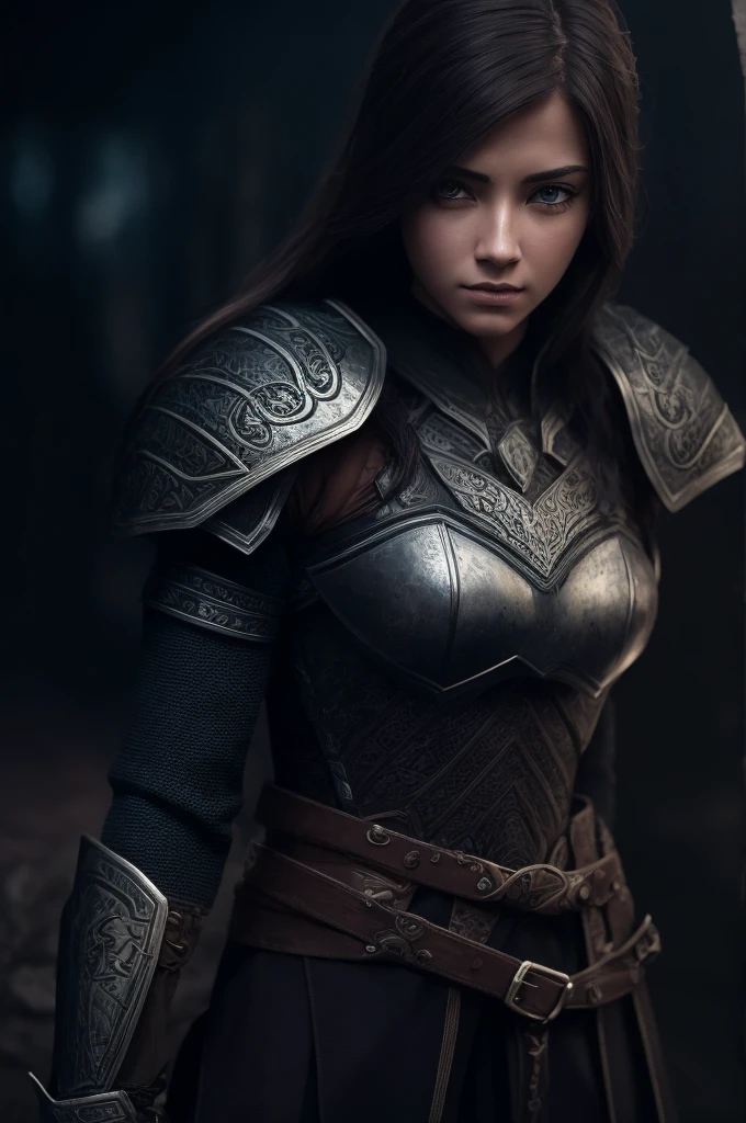 a female warrior, beautiful detailed eyes, beautiful detailed lips, extremely detailed eyes and face, long eyelashes, armor, sword, shield, determined expression, brave, strong, resilient, skilled, loyal, intelligent, unstoppable, compassionate, fantasy landscape, dramatic lighting, epic, cinematic, digital painting, highly detailed, 8k, photorealistic, vibrant colors, chiaroscuro