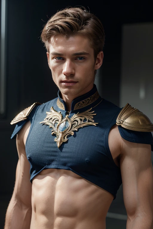 Detailed CG Unity 8K Wallpapers,Tabletop, best quality, ultra-detailed, white background, a beautiful 25-year-old man with short dark-blond hair, short hair, blue eyes and pale skin, masculine posture Complete fashion collection, high quality, Masterpiece, very beautiful and varied, top model, modern, very detailed and intricate, Very fine, extravagant , photorealistic, cinematic lighting, perfect