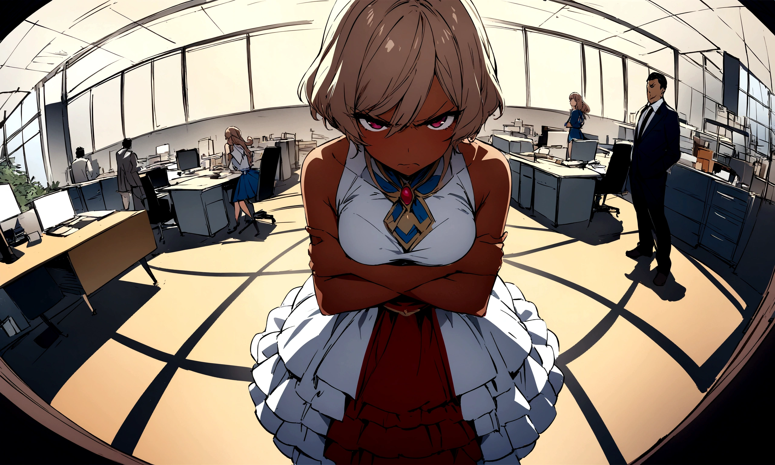 Masterpiece, Excellent, (Office: 1.8), CG drawing with super high detail, standing, 1 royal sister, angry, a woman with short tan hair, layered dress, hands crossed at waist, facing the audience, illustration, wide angle panorama