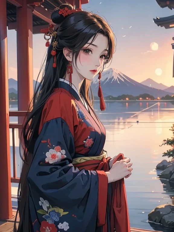 (Highest quality、masterpiece、High resolution、8K)、Vibrant colors、Ukiyo-e、Utamaro、Kimono Beauty、river、Mount Fuji in the distance、Japanese Landscape、Official Art、