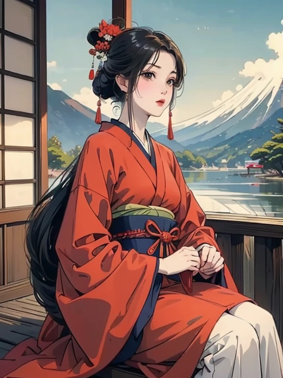 (Highest quality、masterpiece、High resolution、8K)、Vibrant colors、Ukiyo-e、Utamaro、Kimono Beauty、river、Mount Fuji in the distance、Japanese Landscape、Official Art、