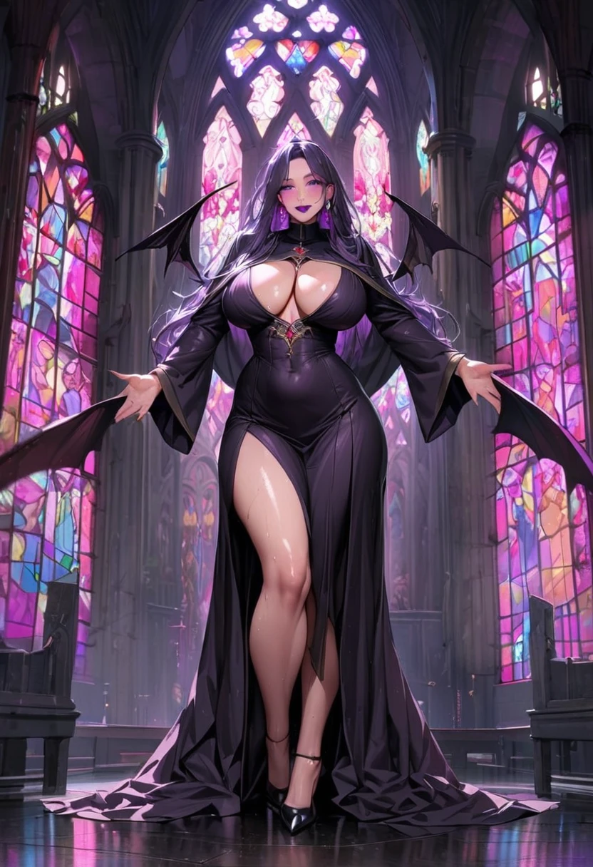 1 mature woman,(Highest quality,Extremely detailed depiction,Incredibly absurd high resolution,Anatomically accurate depiction,Two lovely hands, Perfect body,Five perfect fingers,Curvy Legs),(Succubus disguised as a priest,Intricate and shiny clerical robes),eyelash,(Purple Eyes,Eyes of Madness,There is cleavage in the chest,Bewitching Smile,Glossy lipstick,Standing posture,Stand on your side),Sweat,(whole body),(background:A magnificent church with stained glass),Pink light,devil wing earrings,