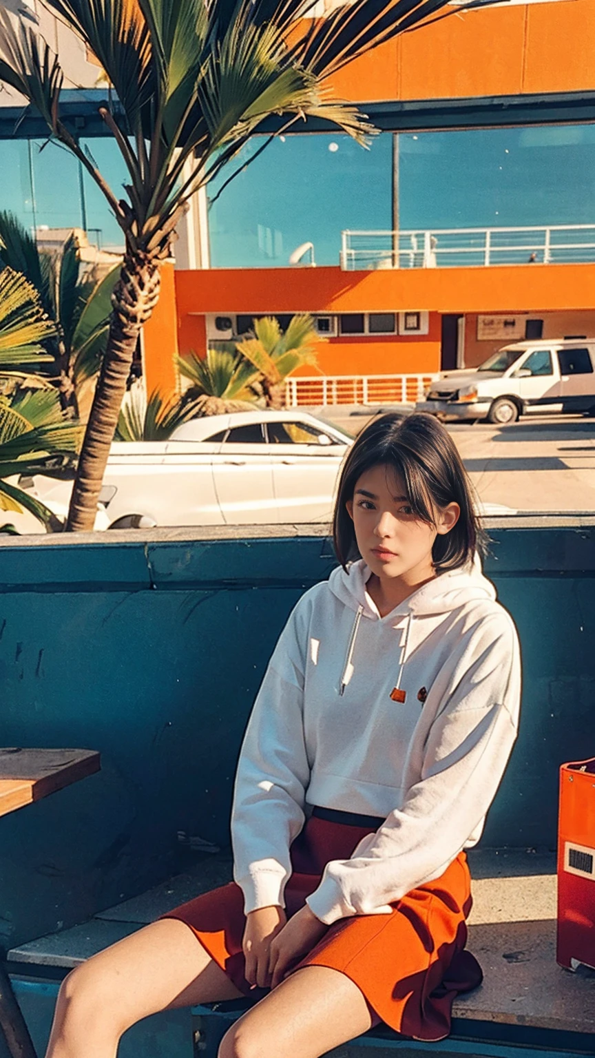 long shot portrait of cute 23 yo girl ,wear ((orange color oversized hoodie)), wear ((purple tennis skirt)),looking viewer,Best Quality,Masterpiece,Ultra High Resolution,(Realisticity:1.4),Original Photo, 1Girl, light leak,ultra high resolution,UHD,beautiful, (black bob hair), almond eye, no makeup, in front of ((80's mondrian architecture motel)), (realistic:1.2), (surreal:1.3), (very detailed:1.1), ((masterpiece)),summer, blue sky, palm trees,sunny, los angles vibes,film camera, 800mm lens,style of Philip Lorca diCorcia