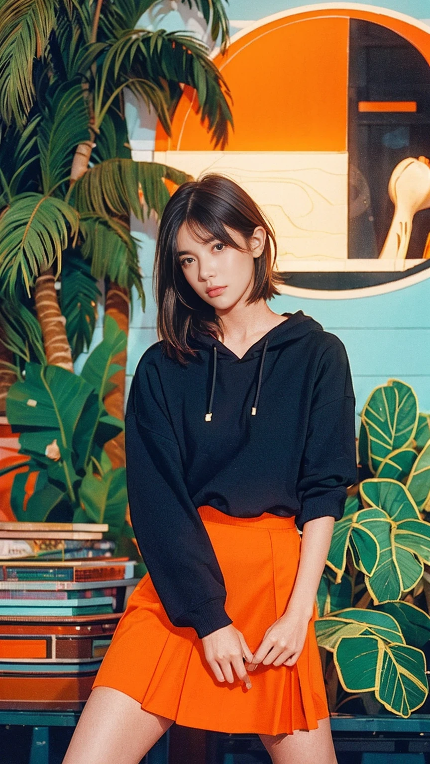 long shot portrait of cute 23 yo girl ,wear ((orange color oversized hoodie)), wear ((purple tennis skirt)),looking viewer,Best Quality,Masterpiece,Ultra High Resolution,(Realisticity:1.4),Original Photo, 1Girl, light leak,ultra high resolution,UHD,beautiful, (black bob hair), almond eye, no makeup, in front of ((80's mondrian architecture motel)), (realistic:1.2), (surreal:1.3), (very detailed:1.1), ((masterpiece)),summer, blue sky, palm trees,sunny, los angles vibes,film camera, 800mm lens,style of Philip Lorca diCorcia