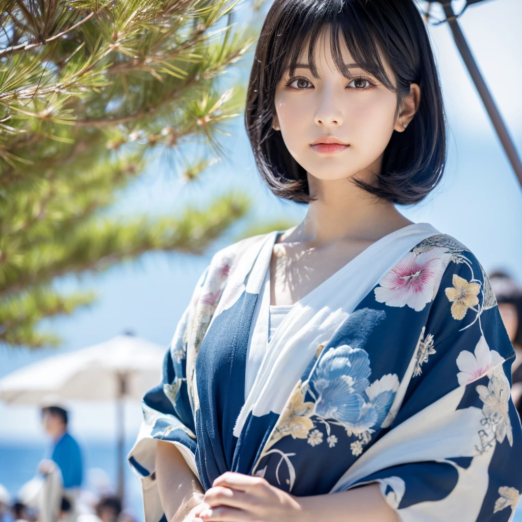 (masterpiece:1.2), (Highest quality:1.2), Perfect Eyes, Perfect Face, Perfect lighting, One girl, Mature Japanese woman at the beach in Japan, M。Bob black hair,, Detailed clothing, Detailed outdoor background, compensate, eye shadow, Thick eyelashes, Fantasy, Looking at the audience, Spring and summer
