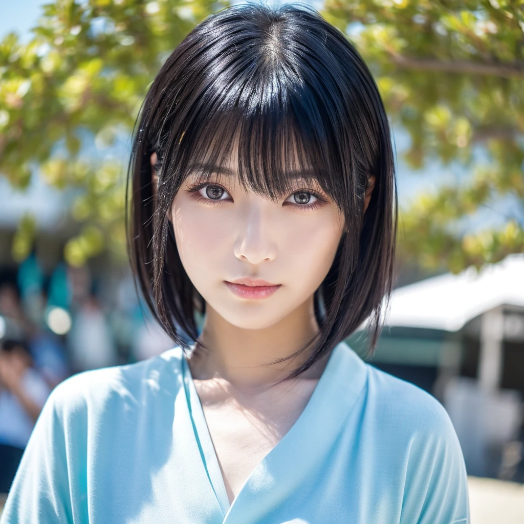 (masterpiece:1.2), (Highest quality:1.2), Perfect Eyes, Perfect Face, Perfect lighting, One girl, Mature Japanese woman at the beach in Japan, M。Bob black hair,, Detailed clothing, Detailed outdoor background, compensate, eye shadow, Thick eyelashes, Fantasy, Looking at the audience, Spring and summer