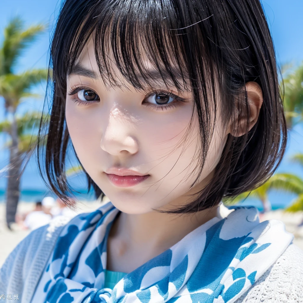 (masterpiece:1.2), (Highest quality:1.2), Perfect Eyes, Perfect Face, Perfect lighting, One girl, Mature Japanese woman at the beach in Japan, M。Bob black hair,, Detailed clothing, Detailed outdoor background, compensate, eye shadow, Thick eyelashes, Fantasy, Looking at the audience, Spring and summer