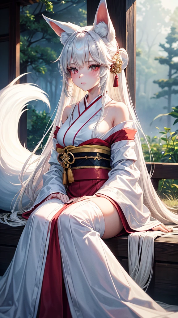 "A young woman, 20 years old, wearing a fantastical Japanese kimono with a predominantly white color. She has fox ears on her head, no human ears, and long white hair. Her eyes are a striking red, and she has a subtle red blush on her cheeks. From the hem of her kimono, a long fox tail gracefully extends. The scene is set in a misty, magical background with a cinematic feel, high-definition, as if enveloped in a dreamlike fog."