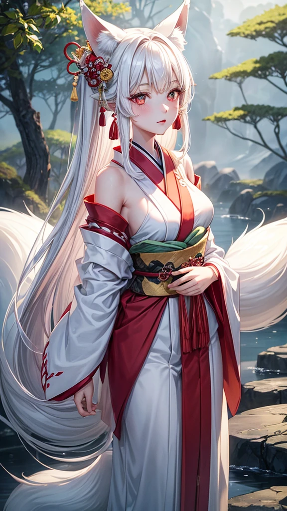 "A young woman, 20 years old, wearing a fantastical Japanese kimono with a predominantly white color. She has fox ears on her head, no human ears, and long white hair. Her eyes are a striking red, and she has a subtle red blush on her cheeks. From the hem of her kimono, a long fox tail gracefully extends. The scene is set in a misty, magical background with a cinematic feel, high-definition, as if enveloped in a dreamlike fog."