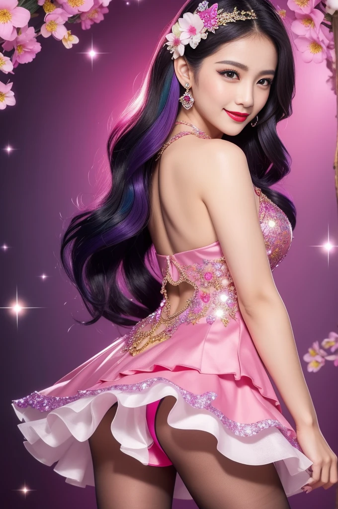 sexy Thai model who controls poison、beautiful smile、lip-gloss、bold lipstick、intense makeup、look at the camera、full body Esbian、、sparkling poisoned flower costume、、、、sparkling Colorful hair、secrete poison、skull hair accessories、sexy tights、shiny sparkling flowers background