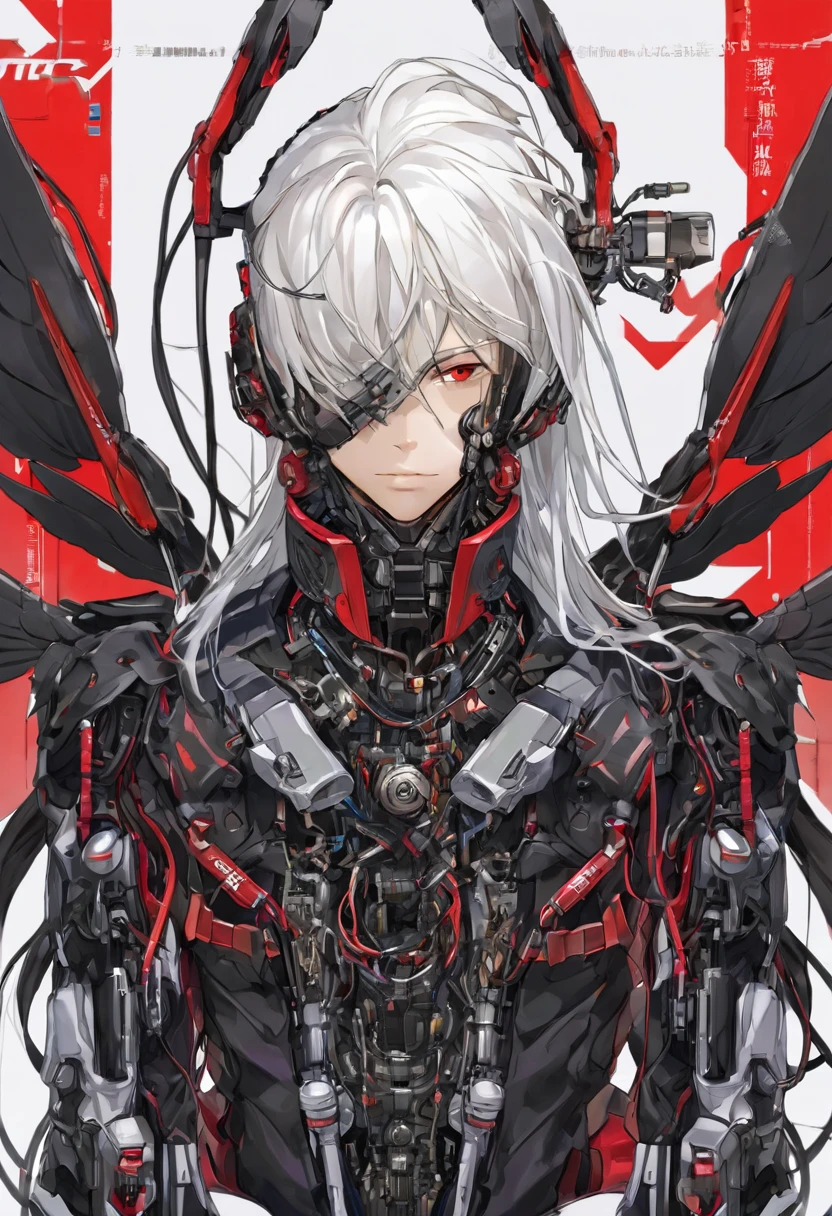 Straight Long Hair　White Hair　He has mechanical wings on his back.　cyborg　The mechanical parts of the neck are exposed.　The mechanical parts are black、There are red and white wires　The face is normal　Wearing black combat uniform　Thin eyebrows　I am sitting upright　river辺に座り込んでいます　There is one person　close your eyes，I&#39;m crying　Linear mouth　The mechanical parts of the arms are exposed.，electrocuted、It emits electricity　flash　sunset　girlを左前側から見ています　girlにクローズアップ　The whole body is shown　Beautiful views　riverが流れています　girlは俯いています　weapons　She is half human and half machine.　Missiles waiting in the air　river　City　sunset　girl　woman