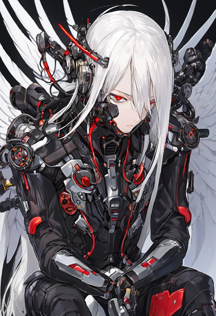 Straight Long Hair　White Hair　He has mechanical wings on his back.　cyborg　The mechanical parts of the neck are exposed.　The mechanical parts are black、There are red and white wires　The face is normal　Wearing black combat uniform　Thin eyebrows　I am sitting upright　river辺に座り込んでいます　There is one person　close your eyes，I&#39;m crying　Linear mouth　The mechanical parts of the arms are exposed.，electrocuted、It emits electricity　flash　sunset　girlを左前側から見ています　girlにクローズアップ　The whole body is shown　Beautiful views　riverが流れています　girlは俯いています　weapons　She is half human and half machine.　Missiles waiting in the air　river　City　sunset　girl　woman