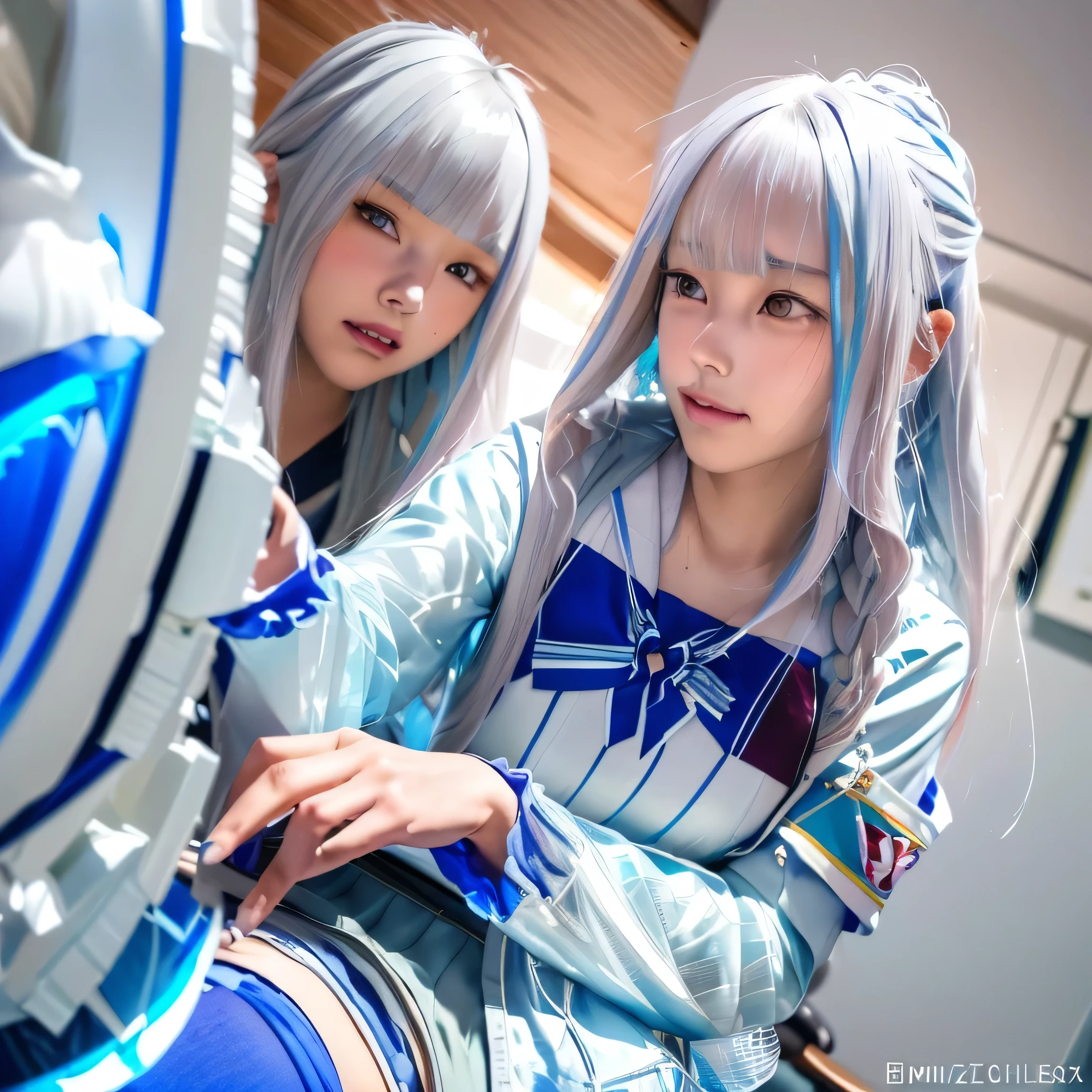 
,(((Liz Hellesta))),gameroomconcept,PC Desk,((Gaming Chair)),Pay,Game Controller,keyboard,((Looking at the smartphone in his hand)),vtuber,Game Now Streaming,((White Delivery Room)),(Liz HellestaHair)，((Dressed seriously)),(((Do not expose breasts))),masterpiece, Highest quality, beautiful,(1 female), Liz Hell,cameltoe,(Straight gray straight hair,((bangs)),((Beautiful Japanese girl face)),Thin face,((Thin cheeks)),Beautiful female face,Precise depiction,Excellent costume design, charm, (Small breasts), Slender upper body,(8k Full Body RAW Photo), (Highly detailed skin: 1.2), ((Oily skin)),smile, Highly detailed face, ((Grey Hair)),fine grain, ((Sweaty body)), (((Oily skin))),Inside the room,1 Girl,Open your mouth,(((Open your eyes))),(((View your viewers))),(((Open your eyes))),(((Open your eyes))),(Large pelvis),(Wide Hips),(((Very muscular and thick thighs Veins,))),(((Abnormally thick thighs))),Thigh gap,(((Shiny thighs))).(((Narrow waist))),(((Very thin waist)))，(Realistic:1.0),Front view,1girl,lh1, (((White panties))),(((cameltoe))),Hair Ornament Net、Long Hair、Long sleeve、Pleated skirt、((Blue thigh-high socks in silk fabric))、((手链))、Blue pleated mini skirt、((White jacket, cotton material))、(tight white shirt)、Blue Skirt、(Metallic black thigh straps),(((Front view))),View your viewers,Focused on PC gaming,((Open your mouth)),Showing teeth,Constricted eyes，(((blush,shame))),((Puzzled expression)),Panties are wet,