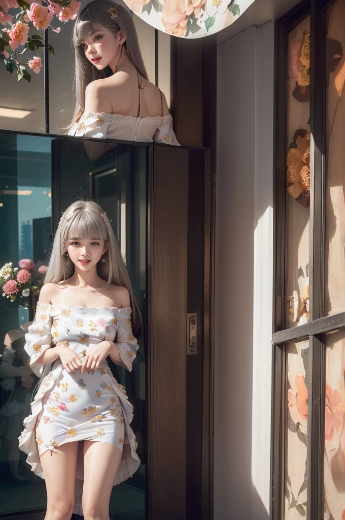 ((Girl Standing In Office)）,(((posterior view))）、 Silver hair, Bangs, Blunt bangs, Long straight hair, aqua eyes, longeyelashes, Solid Circle Eyes, makeup, Open mouth, blush, Parted lips, Bright pupils, smiley, Seductive smile, glint, surrealism, Modern、Black pantyhose、high-heels、（(Pure white dress、Floral dress、、off shoulders、up skirt: 1.6)）、Skyscrapers are hazy in the windowix４、((Black lace panties)）、