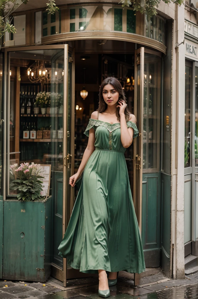4D realistic image about beautiful turkish woman dynamic pose in the vintage of the Eiffel Tower background, wearing long dress, Parisian street with flower shops and cafes, raindrops on green leaves, detailed, soft lighting, romantic atmosphere, High resolution.
