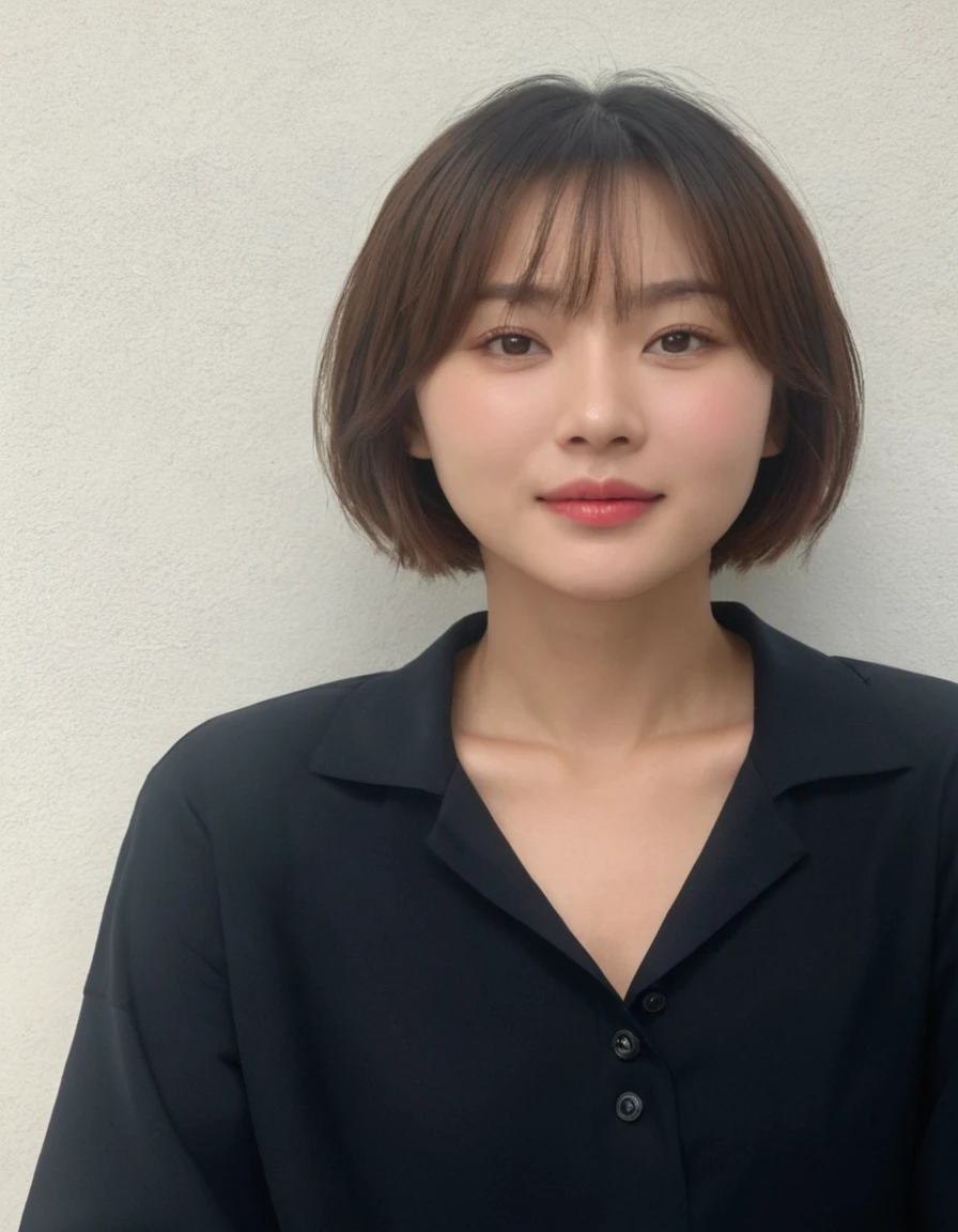 Best Quality, 8k, Masterpiece, (Portrait: 1.3), (photo realistic:1.4), (hyper realistic:1.4), Sharp Focus, looking at viewer, (smoother lighting:1.1), (increase cinematic lighting quality:0.9), realistic lighting, backlighting, light on face, ray trace, (brightening light:1.2), (Increase quality:1.4), sharp detail, (best quality real texture skin:1.4), finely detailed eyes, black_eyes, finely detailed face, 25 year old Korean woman, (black formal_shirt:1.4), (Create an image maintaining the original base model hairstyle:1.5)