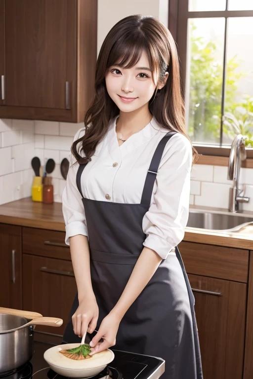 Produce the highest quality and highest resolution 8K images。Please draw the whole body of a 20 year old Japanese woman.。Please draw an image of yourself smiling and cooking in your kitchen at home.。She has brown eyes and a model figure.、She has an idol-level cute face.。The hair is wavy。What to wear、Shirt and apron。Skin has a healthy color。