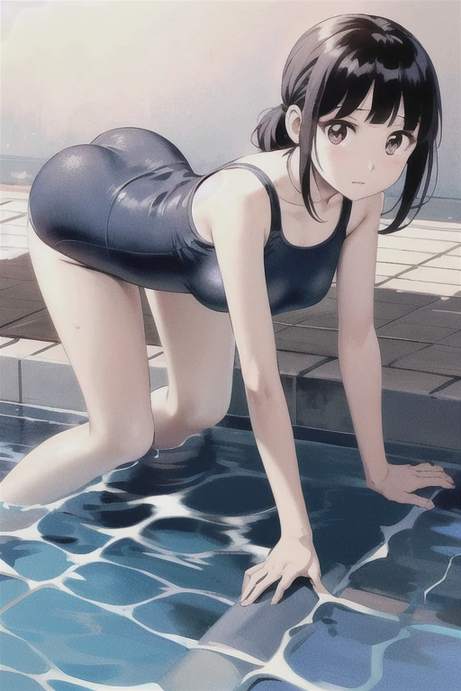 View your viewers, 
Black Hair,(Tied Hair,Blunt bangs:1.2), Small breasts, 
((School Swimsuit)), On all fours、Backwards、look back、(Highest quality:1.3),One girl、Pool