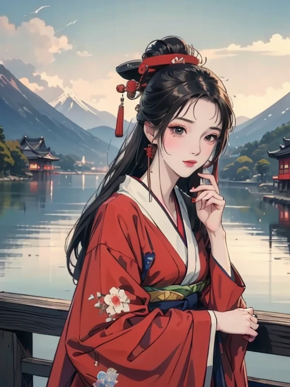 (Highest quality、masterpiece、High resolution、8K)、Vibrant colors、Ukiyo-e、Utamaro、Kimono Beauty、river、Mount Fuji in the distance、Japanese Landscape、Official Art、
