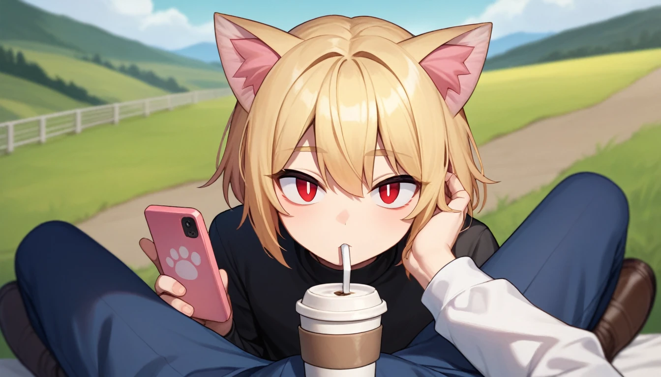 score_9, score_8_up, score_7_up, score_6_up, score_5_up, score_4_up, BREAK, 1boy, solo, necoarc, lit pupils, cat ears, blonde hair, red eyes, :3, turtleneck, blue skirt, pleated skirt, pantyhose, brown footwear, femboy, pov, highlight thighs, landscape, looking at the viewer, drinking coffee, with a cell phone in one hand
