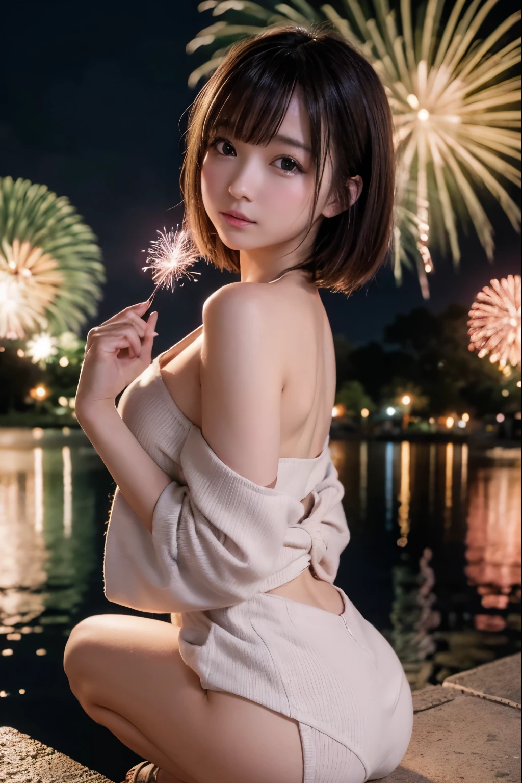 Perfectly Anatomically Correct:1.4, 5 Beautiful finger:1.4, 
1 Japanese Girl, Very Short Hair Bun:1.2, Wide-Set Eyes, Very White Skinned, Blush, Bashfully, 18-Year-Old, Open Mouse Slightly, 
Cute Eyes, Brown Hair, Messy Hair, Cheerful, 
(Japanese Sparklers Within Reached Arm:1.2), 
(Point Fireworks at Viewer:1.2), 
Squatting:1.2, Japanese Yukata with Pale Colors:1.4, 
Non-Nipple:1.2, [Fleeting Cleavage], 
Looking Back Viewer:1.2, from Back, from Side, 
Riverside Park, 
 BREAK 
8K, RAW Photo, Best Quality, Masterpiece, Realistic, PhotoRealistic, Extremely Detailed 8K Wallpaper, Beautifully Detailed Eyes, Finely Detailed Face, POV Shot, 
 BREAK 
High-Key Lighting, Professional Lighting, Bokeh:1.4