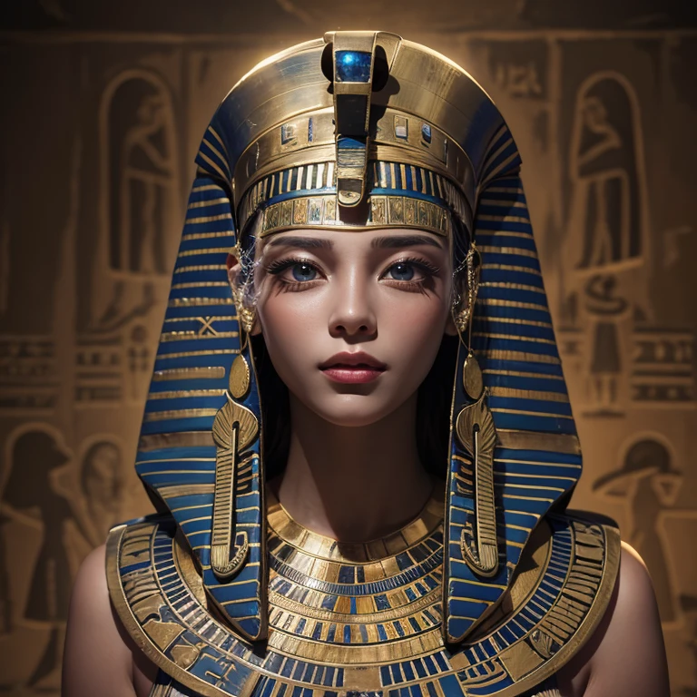 Ancient Egypt、Pyramids and desert、Blowing hair 、 ((Highest quality、masterpiece、8K、Best image quality、Ultra-high resolution、Award-winning works)、(Accurate anatomy:1.1)、(Look at me and smile:1.0)、Shining fair skin with Ultra-high resolution、The most detailed face、Ultra-high resolution detailed face、Ultra-high resolutionの髪の毛、(Ultra-high resolution eye:1.1)、Beautiful face drawn in every detail、Ancient Egyptの衣装, Chest to chest, Dark atmosphere,Dark Light, Ancient Egyptのメイクアップ,