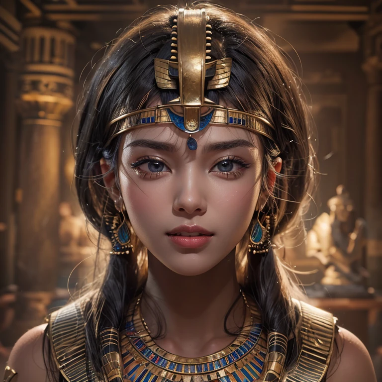 Ancient Egypt、Pyramids and desert、Blowing hair 、 ((Highest quality、masterpiece、8K、Best image quality、Ultra-high resolution、Award-winning works)、(Accurate anatomy:1.1)、(Look at me and smile:1.0)、Shining fair skin with Ultra-high resolution、The most detailed face、Ultra-high resolution detailed face、Ultra-high resolutionの髪の毛、(Ultra-high resolution eye:1.1)、Beautiful face drawn in every detail、Ancient Egyptの衣装, Chest to chest,  Dark atmosphere,Dark Light, Ancient Egyptのメイクアップ, 