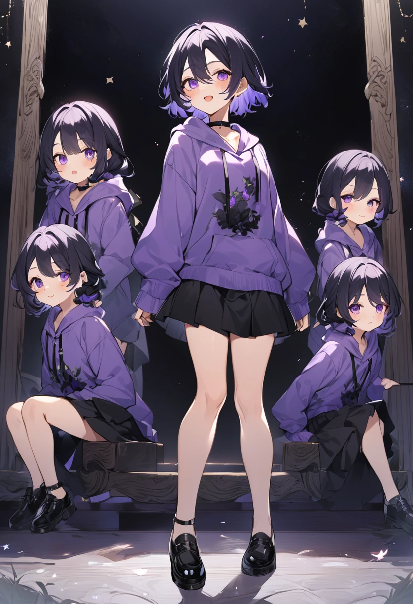 Keito。Purple hoodie。Black Skirt。Purple Eyes。Black Hair。Black shoes下。Black shoes。6 sistery eldest daughter has lavender hair.。all female。Sextuplets
