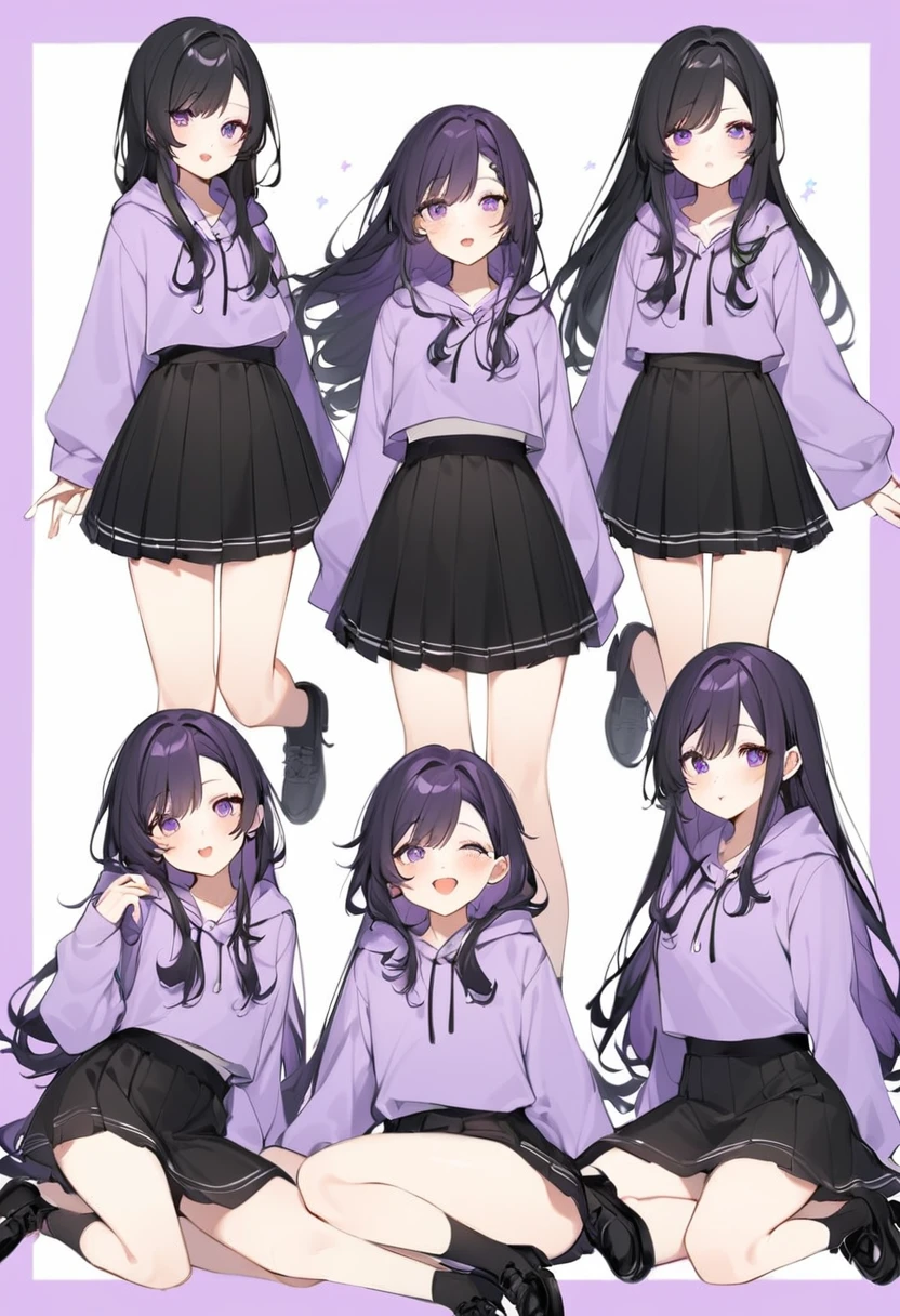 Keito。Purple hoodie。Black Skirt。Purple Eyes。Black Hair。Black shoes下。Black shoes。6 sistery eldest daughter has lavender hair.。all female。Sextuplets