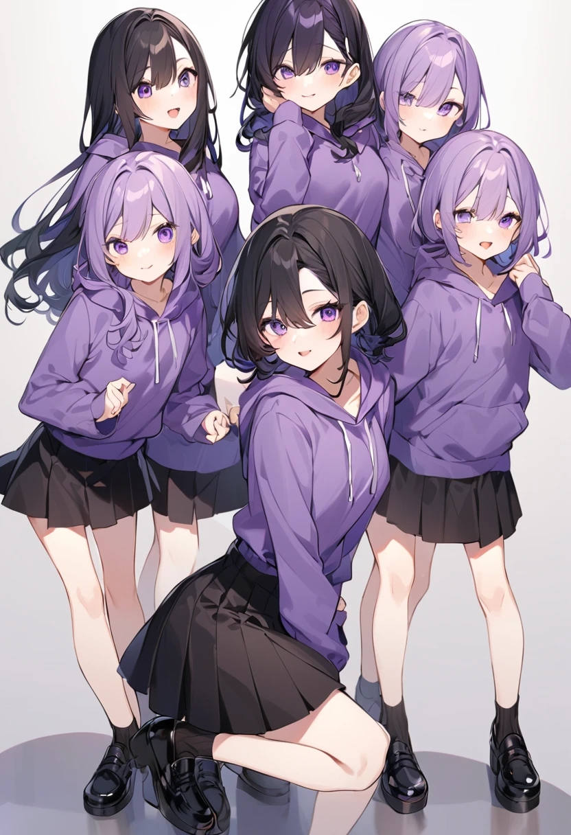 Keito。Purple hoodie。Black Skirt。Purple Eyes。Black Hair。Black shoes下。Black shoes。6 sistery eldest daughter has lavender hair.。all female。Sextuplets