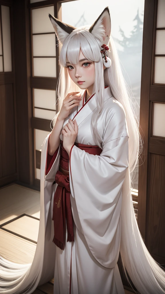 "A young woman, 20 years old, wearing a fantastical Japanese kimono with a predominantly white color. She has fox ears on her head, no human ears, and long white hair. Her eyes are a striking red, and she has a subtle red blush on her cheeks. From the hem of her kimono, a long fox tail gracefully extends. The scene is set in a misty, magical background with a cinematic feel, high-definition, as if enveloped in a dreamlike fog."