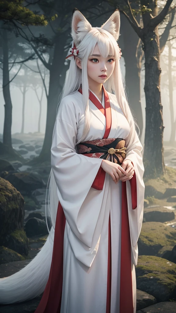 "A young woman, 20 years old, wearing a fantastical Japanese kimono with a predominantly white color. She has fox ears on her head, no human ears, and long white hair. Her eyes are a striking red, and she has a subtle red blush on her cheeks. From the hem of her kimono, a long fox tail gracefully extends. The scene is set in a misty, magical background with a cinematic feel, high-definition, as if enveloped in a dreamlike fog."