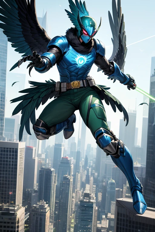 ((best quality)), ((masterpiece)), (detailed), 1 man, full body, 25 years old, masked, blue mask, blue head, uncovered mouth, biker helmet, blue helmet, parrot helmet, black neck, tall, thin, black beak, black details, a green parrot with a blue head on his side, metallic wings, wings on his arms, blue fingerless gloves, blue wristbands, luminous blue wings shooting lasers, blue suit resembling light armor, blue suit with an emblem, entirely green chest, emblem on his chest, green pants, deployable bird tail, metallic feathers, gray knee pads, metallic gray boots, metallic bird claws on his feet, black superhero belt, flying through the city, midday city background, anime