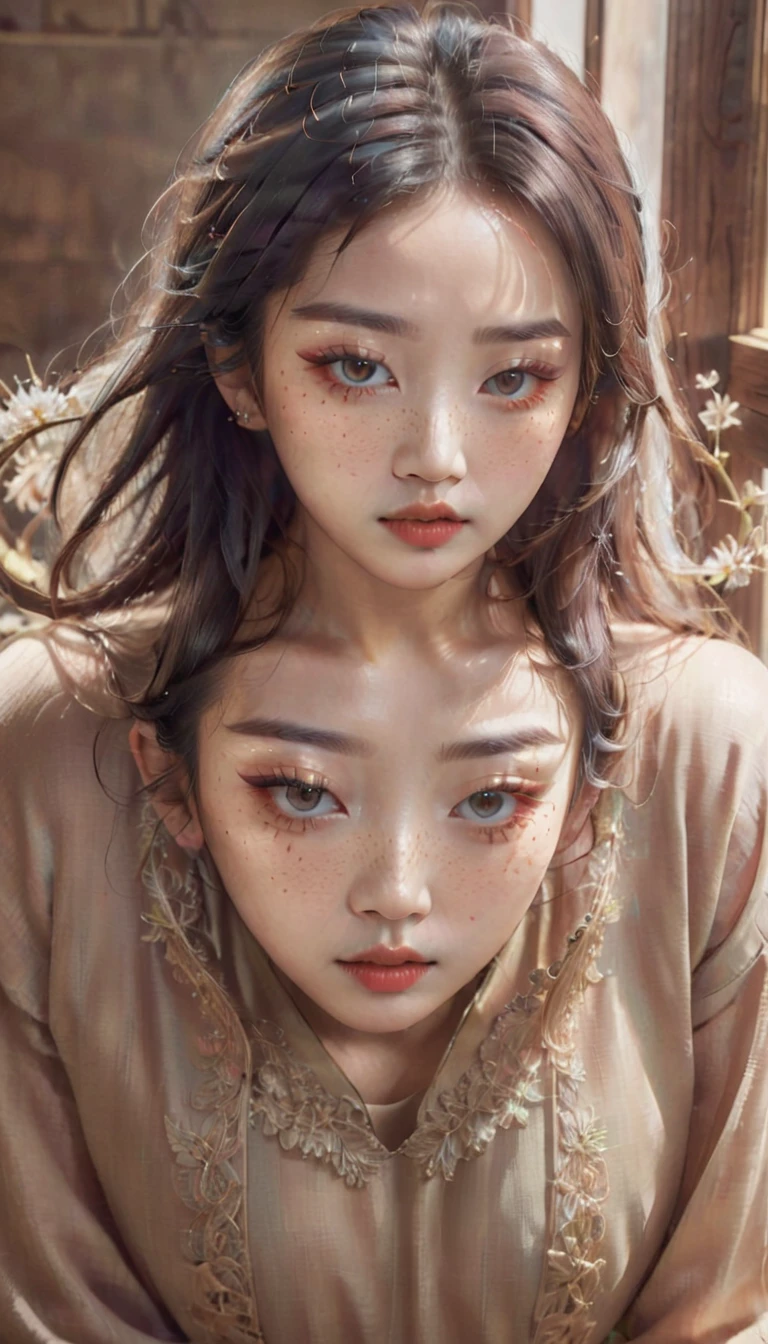 A captivating hyperrealistic 3D illustration featuring a beautiful Korean woman who has been transformed into a symbol of the human spirit. Her delicate features and expressive eyes convey a deep emotional intensity and a sense of inner strength. The artist's remarkable attention to detail is evident in every texture and brushstroke, creating a masterpiece that truly showcases the artist's skill. The soft, muted color palette enhances the intricacy and depth of the drawing, immersing the viewer in a world of mysticism and introspection. This 32k hyperrealistic 3D rendering serves as a thought-provoking exploration of humanity, transformation, and the boundless potential of artistic expression., 3d