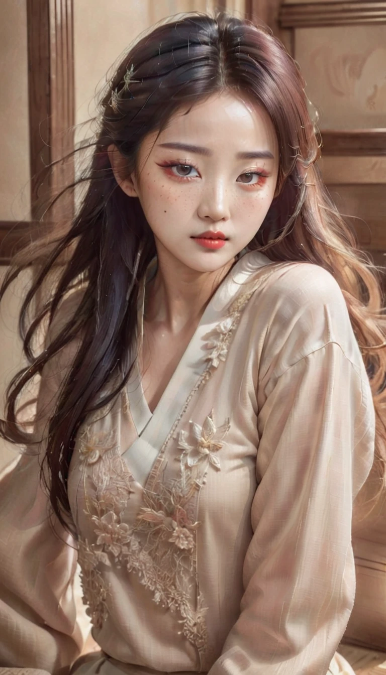 A captivating hyperrealistic 3D illustration featuring a beautiful Korean woman who has been transformed into a symbol of the human spirit. Her delicate features and expressive eyes convey a deep emotional intensity and a sense of inner strength. The artist's remarkable attention to detail is evident in every texture and brushstroke, creating a masterpiece that truly showcases the artist's skill. The soft, muted color palette enhances the intricacy and depth of the drawing, immersing the viewer in a world of mysticism and introspection. This 32k hyperrealistic 3D rendering serves as a thought-provoking exploration of humanity, transformation, and the boundless potential of artistic expression., 3d