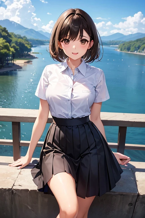 1 female, 22 years old, Realistic, masterpiece, Skin with attention to detail, View your viewers, Full Body Shot, Beautiful views, anegasaki nene、Shiny brown hair, short hair, (Beautiful brown eyes)、smile、Sparkling eyes, (Fine grain)、Ultra-detailed eyes、Highly detailed face, Highly detailed eyes,Cowboy Shot、 Black knee socks, Pleated skirt, Checked skirt, One side up, White shirt, tanding in front of an observation deck overlooking the lake