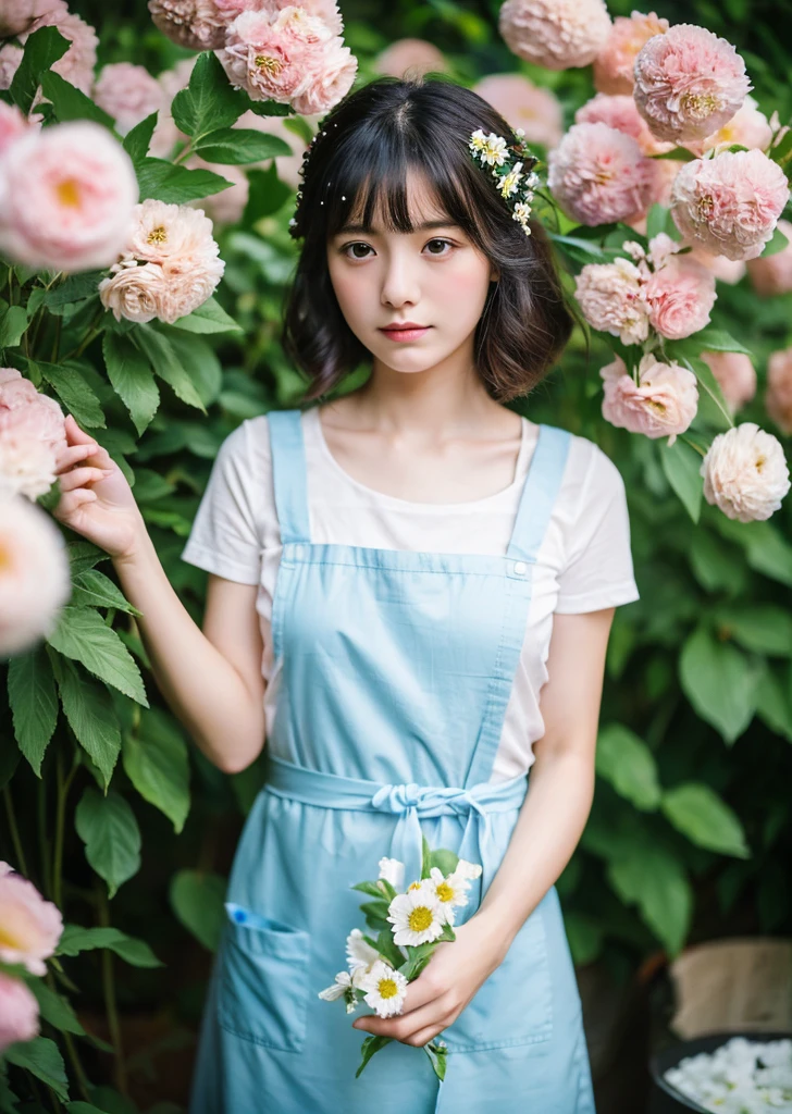 (Realistic, photo-Realistic:1.37),(8K, RAW Photos, Highest quality, masterpiece:1.2), cute, Ultra-detailed, 超High resolution, Kodak Vision Color, Filmed with an Arricam LT camera,Highest quality, Lively, 8K, High resolution, 1 girl, Escape, (Professional Lighting), (Portraiture:0.6), Black Hair, (Medium Hair),22 years old、loristさん、Wear an apron、Make a bouquetlorist、Surrounded by lots of flowers、White flower、Rain、Sad、Sad expression、Blue Flower、