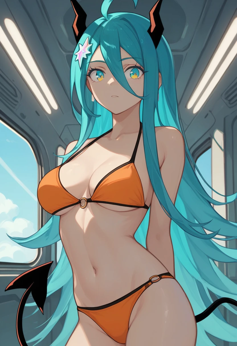 score_9, score_8_up, score_7_up,1 daemon woman, black demon horns, black demon tail, (aquamarine hair),aquamarine green color hair,ahoge, long hair, (long hair),bangs, light orange bikini, bikini is orange, bikini orange, orange bikini!, (aquamarine eyes), background is spaceship, aquamarine eyes, 1woman ,facing viewer, daemon girl, close up,Well-endowed, alone, Spacecraft interior