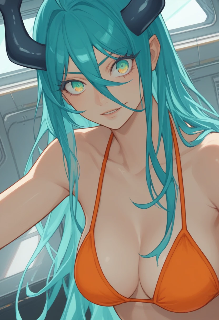 score_9, score_8_up, score_7_up,1 daemon woman, black  demon horns, black demon tail, (aquamarine hair),aquamarine green color hair,ahoge, long hair, (long hair),bangs, light orange bikini, bikini is orange, bikini orange, orange bikini!, (aquamarine eyes), background is spaceship, aquamarine eyes, 1woman ,facing viewer, daemon girl,  close up,Well-endowed, alone, Spacecraft interior