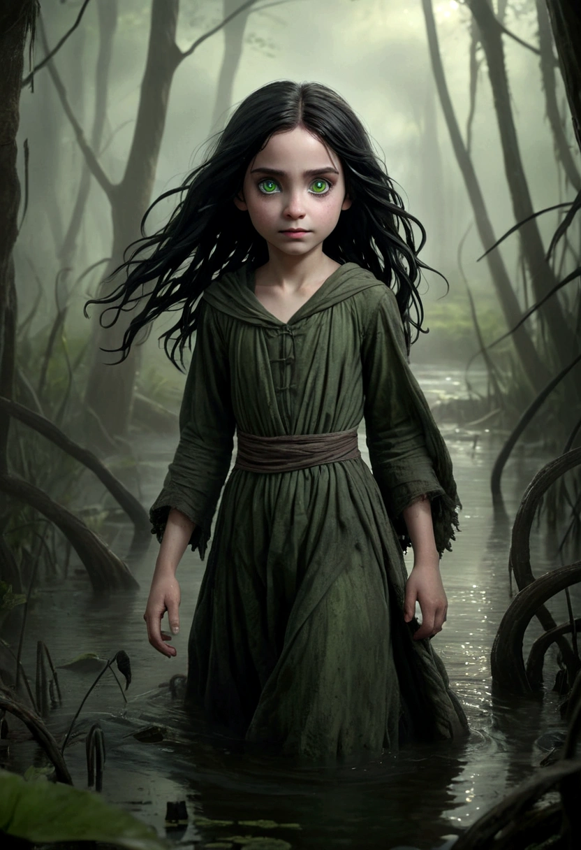 young 9-year-old daughter of severus snape,((highest quality)),(ultra high resolution),(Super detailed),(detailed description),((best CG)),(best work of art) ,black hair、radiant green eyes, Creepy Girl, wrapped in cloth and rags, she walks through the swamp like a ghost. She has long black hair, A lot of hands, eyes full of hatred, wicked smile. Long tentacles are visible from under her dress. She is a complete monster and no one can stop this horror. The swamp is immersed in fog and haze, and the girl hides in the fog to strangle and devour the next victim; The girl's eyes are clear, Green, Expressive, they radiate hatred. High-quality photo, foto realista, 8k, Cinematic quality