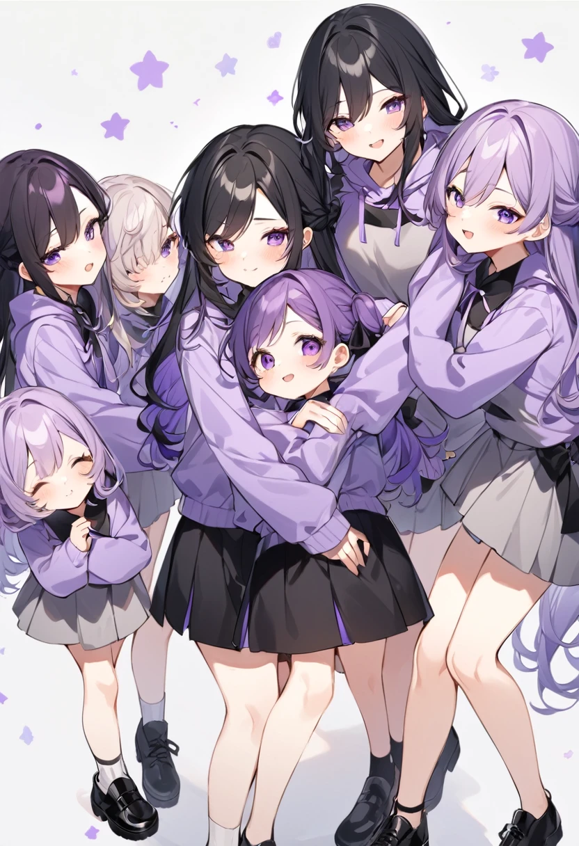 Keito。Purple hoodie。Black Skirt。Purple Eyes。Black Hair。Black shoes下。Black shoes。6 sistery eldest daughter has lavender hair.。all female。Sextuplets