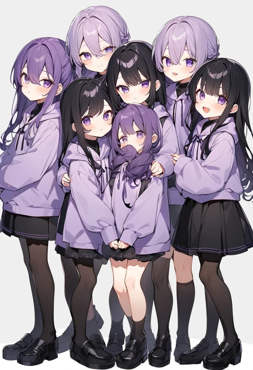 Keito。Purple hoodie。Black Skirt。Purple Eyes。Black Hair。Black shoes下。Black shoes。6 sistery eldest daughter has lavender hair.。all female。Sextuplets